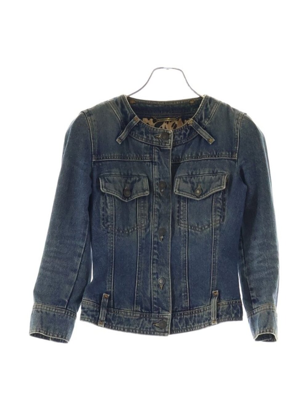 Dolce & Gabbana Collarless Lined Leopard Denim Jacket Indigo